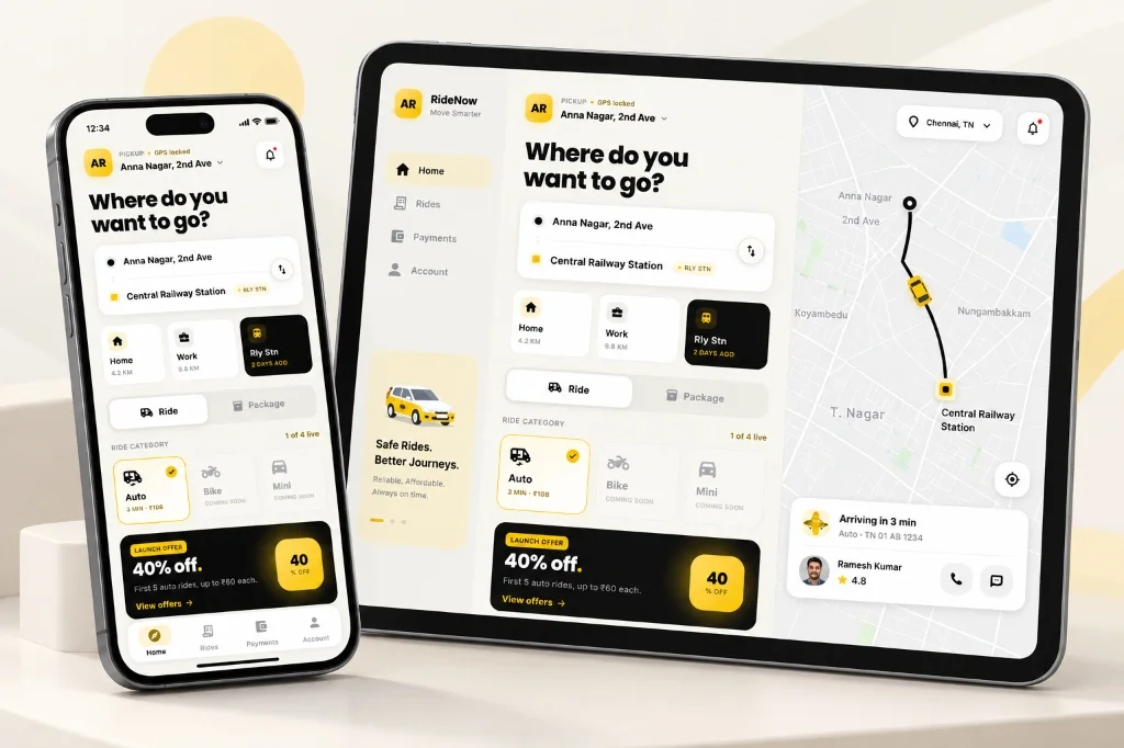RideNow Ride Booking Mobile and Tablet App Mockup